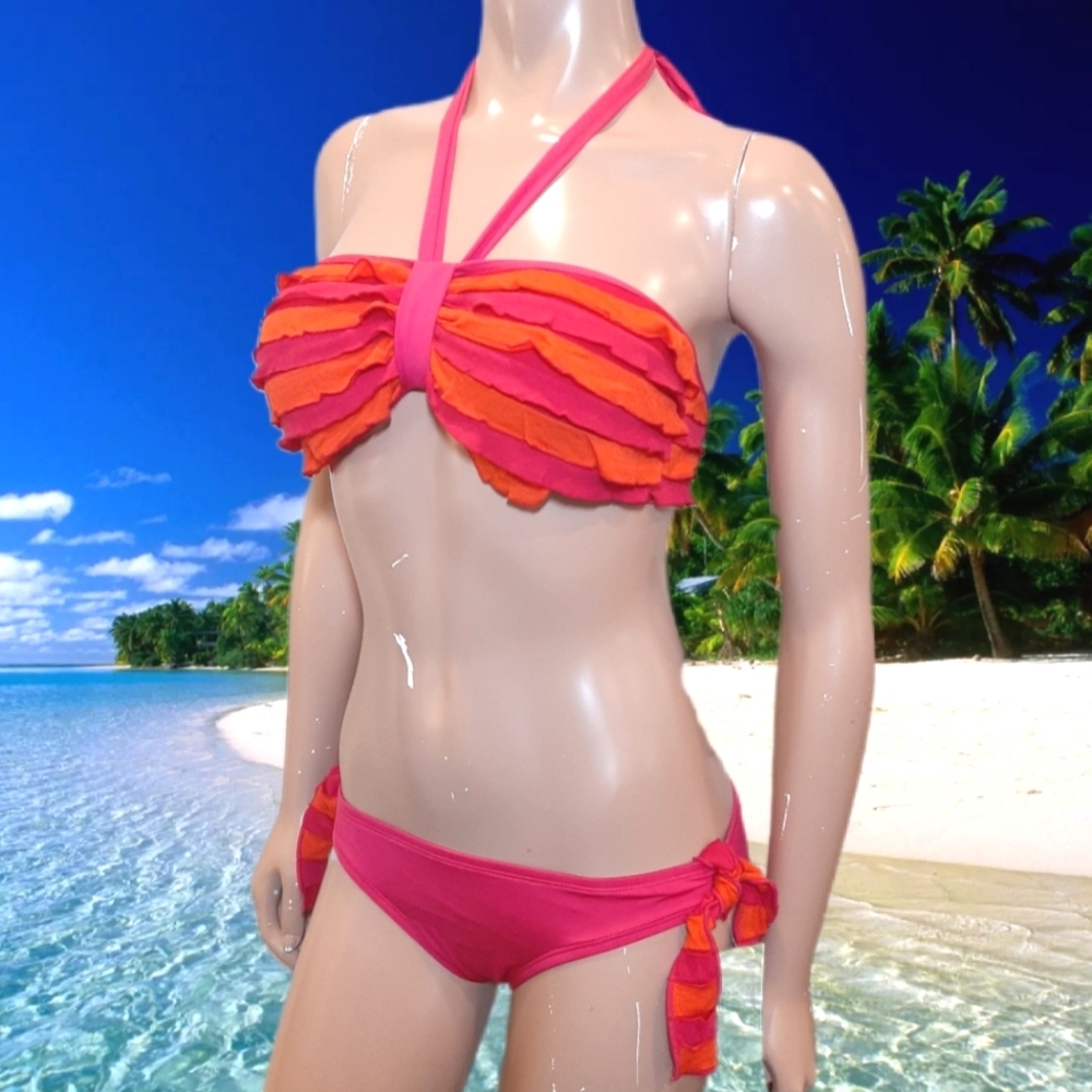 Perry Ellis Ruffled Halter Bikini Colorful Striped Tie Sides Size Small XS